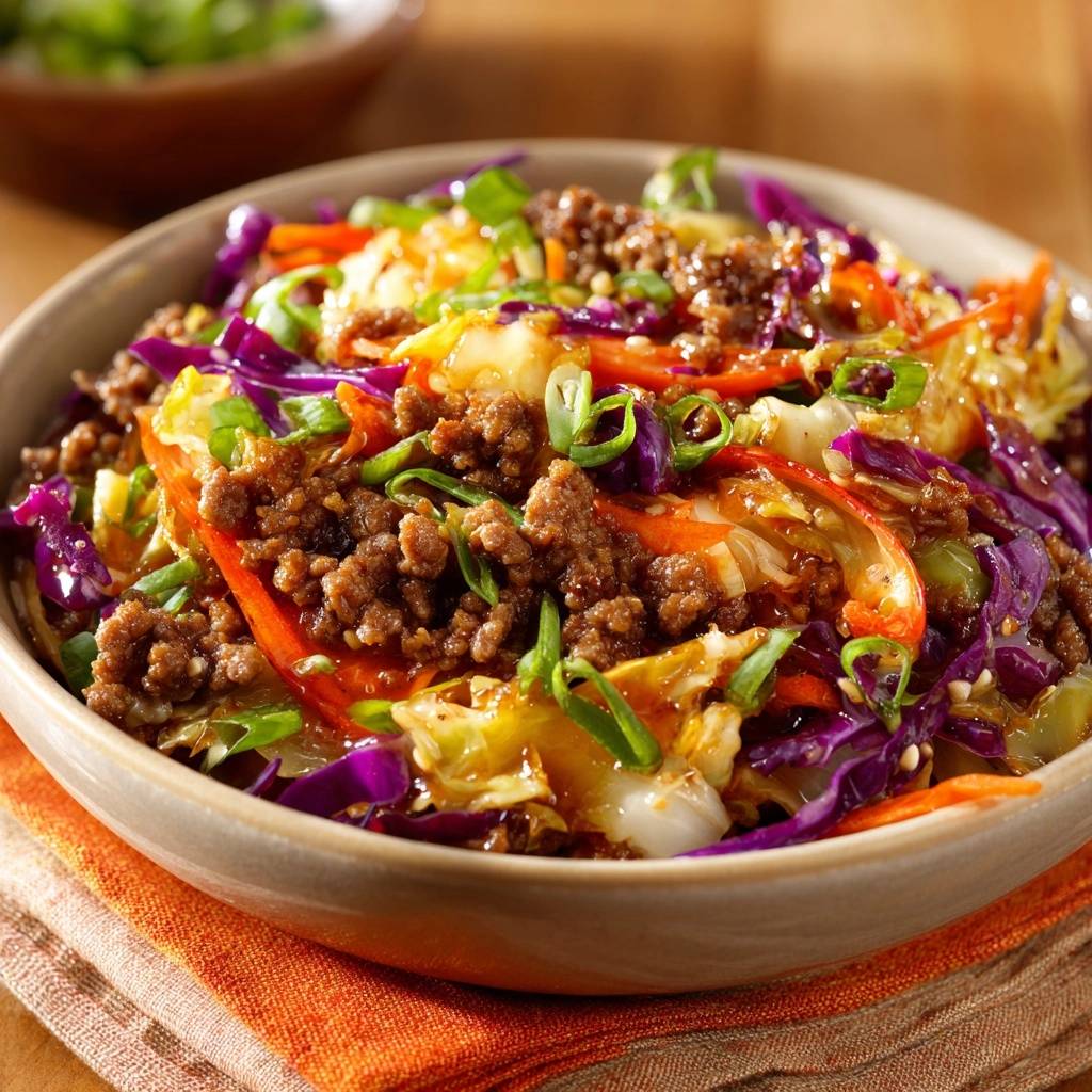Beef and cabbage stir-fry served in a rustic bowl, showcasing the colorful mix of ingredients and a glossy sauce.