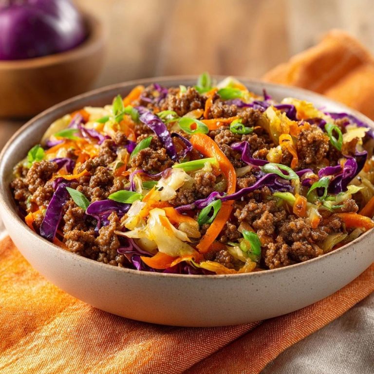 Beef and cabbage stir-fry served in a bowl, showing a close-up of the colorful mixture of ground beef, red cabbage, and carrots.