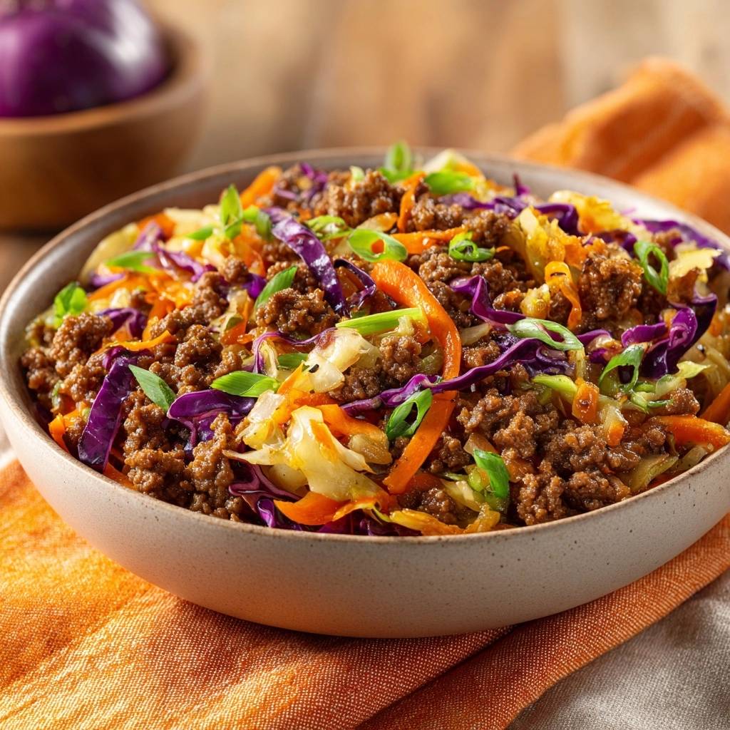Beef and cabbage stir-fry served in a bowl, showing a close-up of the colorful mixture of ground beef, red cabbage, and carrots.
