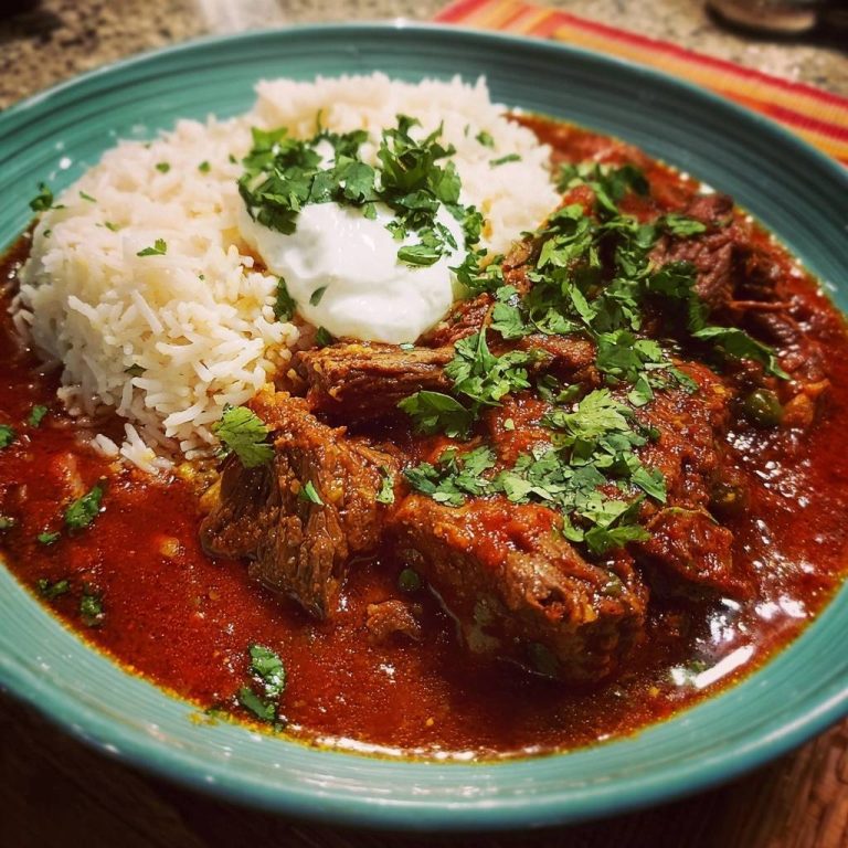 Beef curry over rice plated with a dollop of yogurt and fresh cilantro garnish.