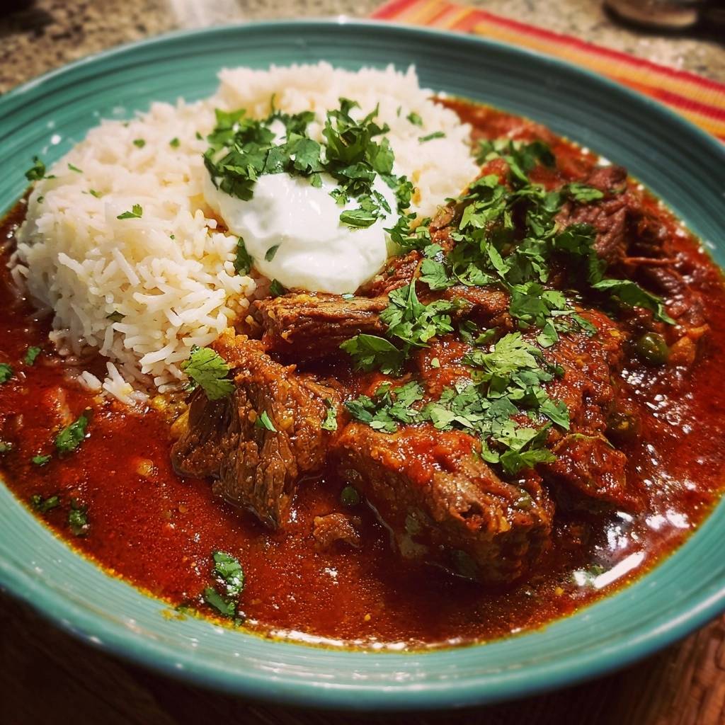 Beef curry over rice plated with a dollop of yogurt and fresh cilantro garnish.