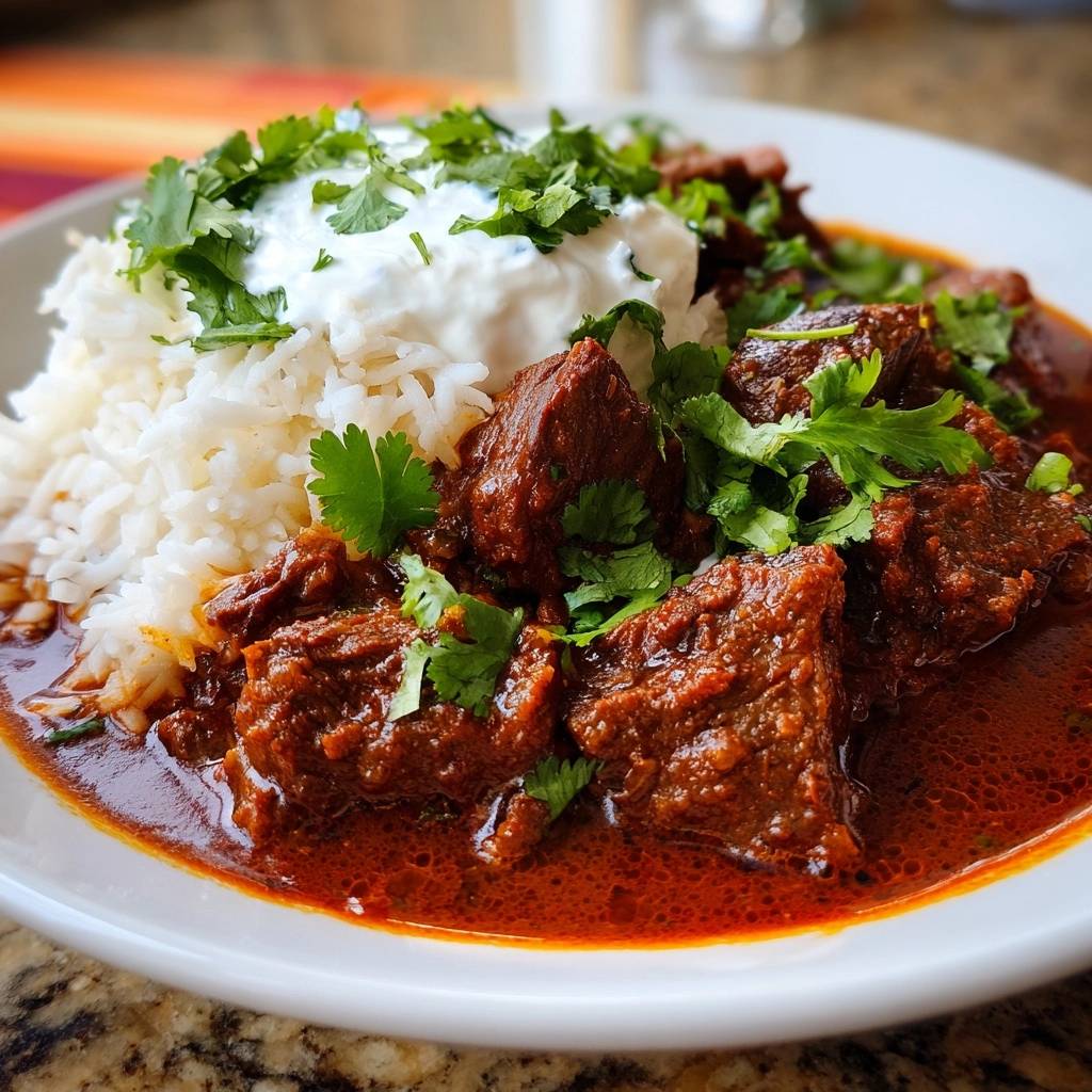 Beef curry over rice plated with a dollop of sour cream and fresh cilantro garnish.