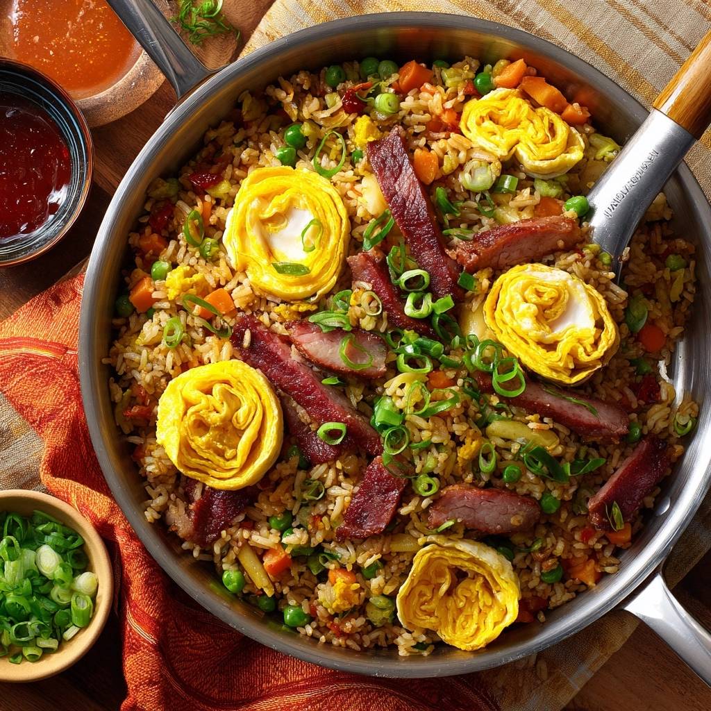 Beef fried rice served in a pan, garnished with sliced egg rolls and green onions.