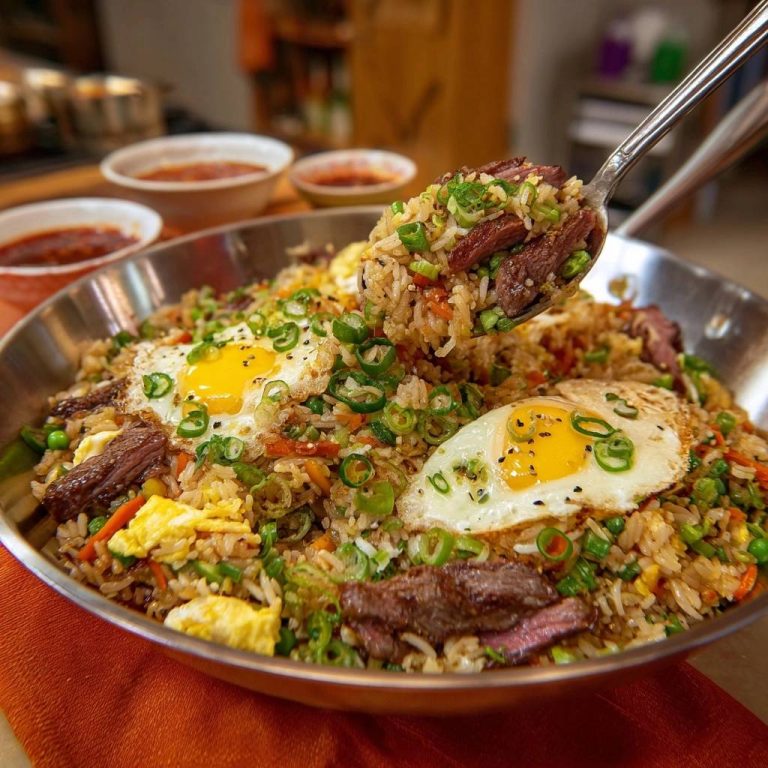Beef fried rice with fluffy grains and fried eggs, shown as a spoonful is lifted from the pan.