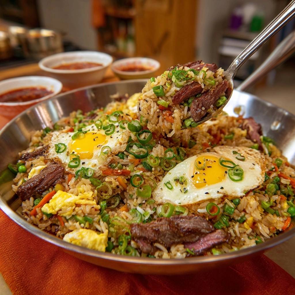 Beef fried rice with fluffy grains and fried eggs, shown as a spoonful is lifted from the pan.