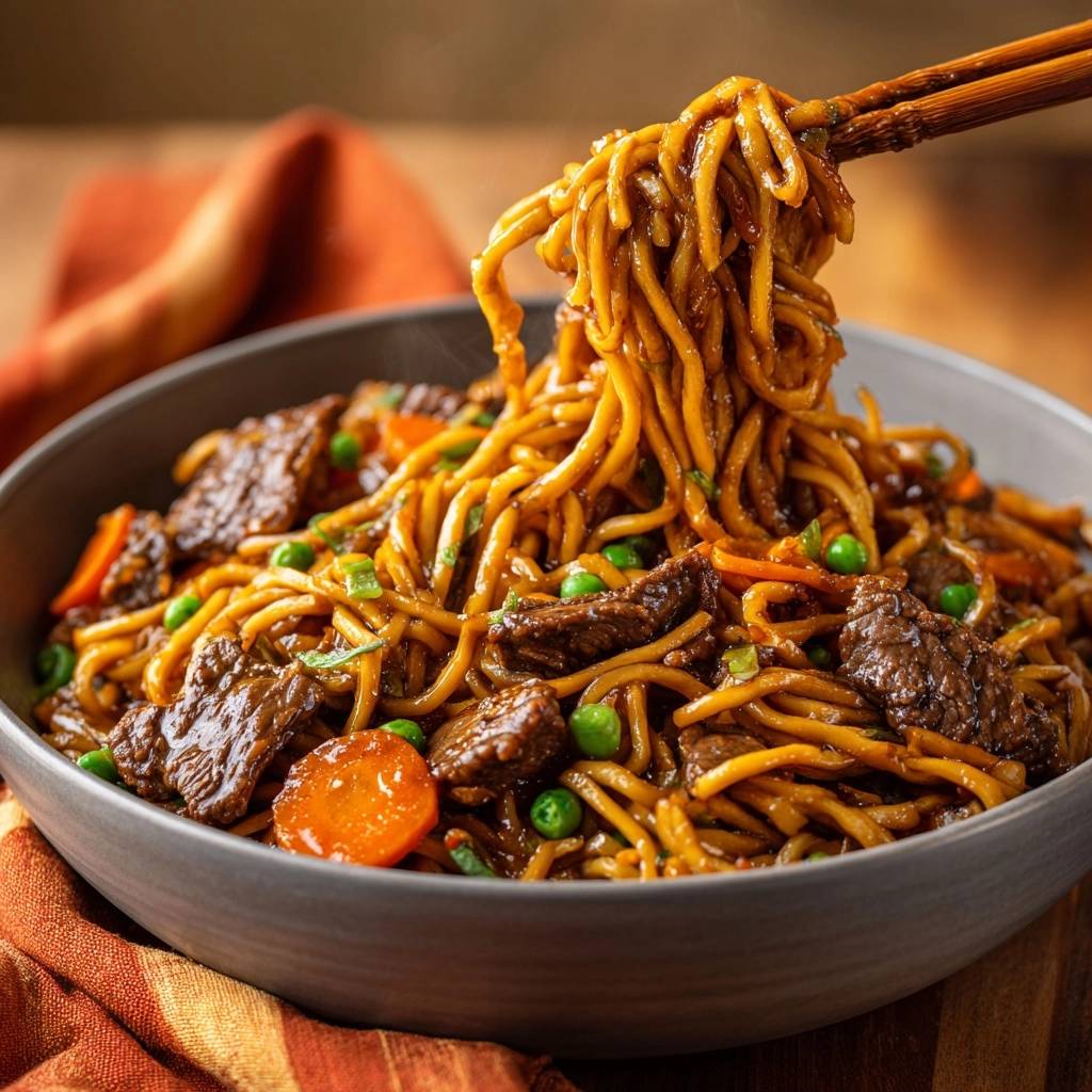 Beef Lo Mein with velveting shown as chopsticks lifting a generous portion of noodles from the bowl.