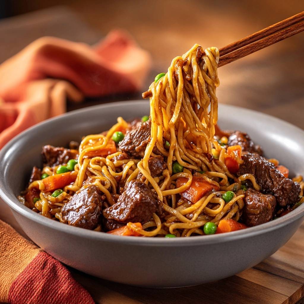 Beef lo mein with velveting for tender results, with chopsticks lifting a portion of noodles from the bowl.