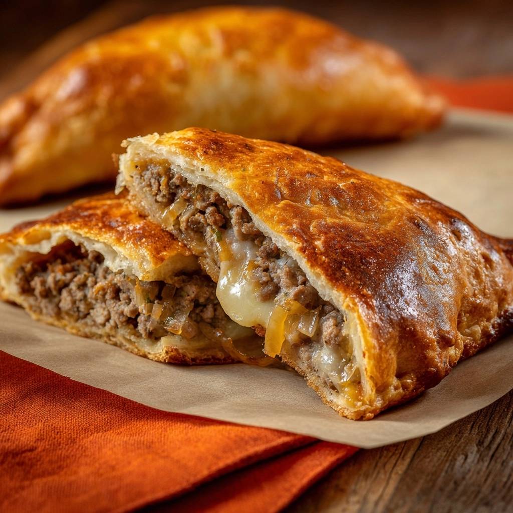 Savory beef & onion hand pies shown in a close-up cross-section, revealing the rich filling and melted cheese.