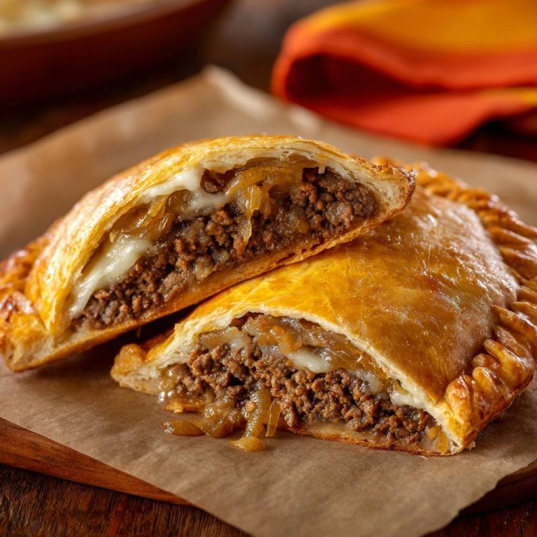 Savory beef & onion hand pies shown in a close-up cross-section revealing the rich filling and melted cheese.