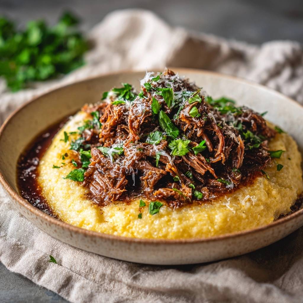 Ultimate Beef Ragu with Creamy Polenta, generously topped with shredded beef, fresh parsley, and grated Parmesan cheese.