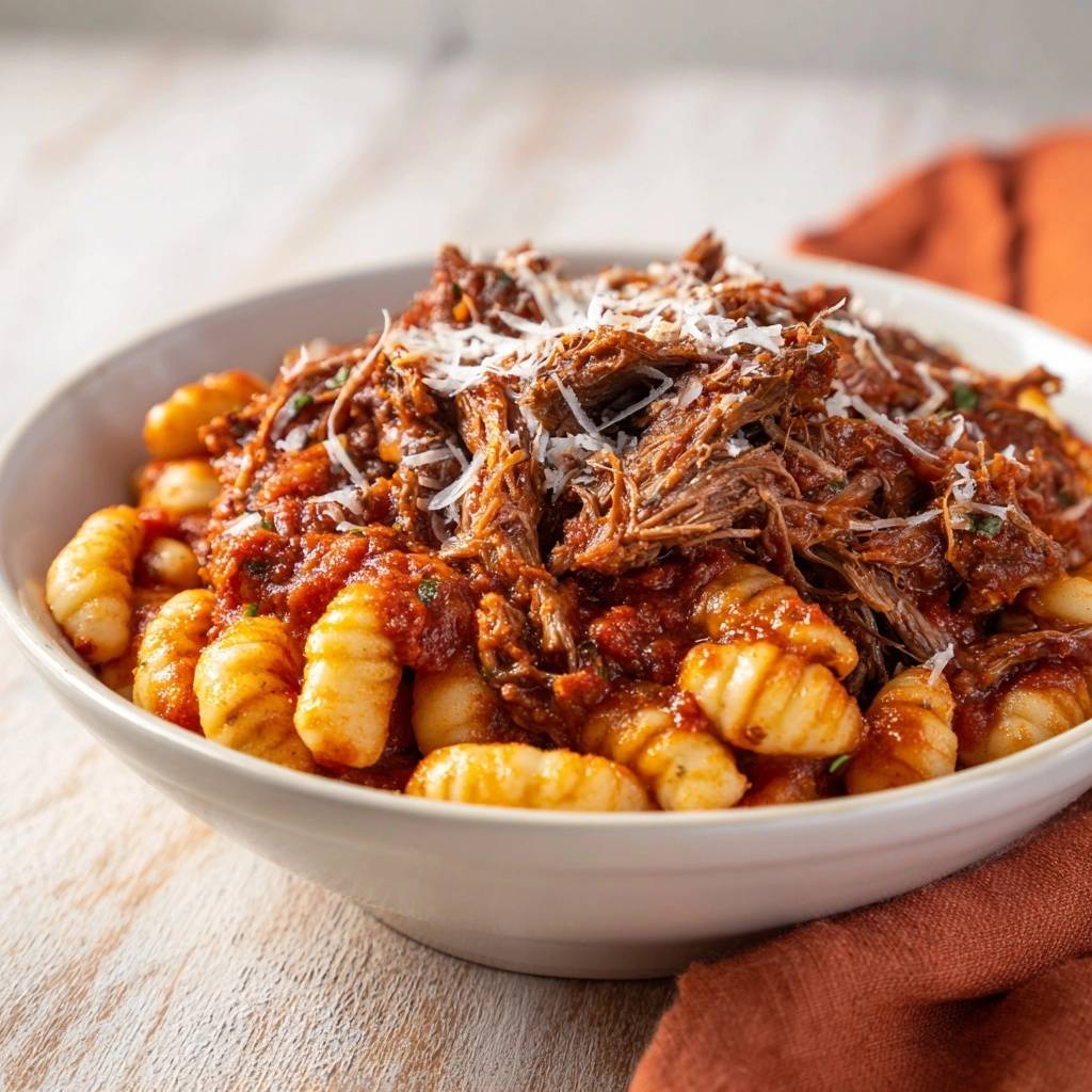 Hearty beef ragu with gnocchi, showcasing the tender shredded beef and grated Parmesan topping.