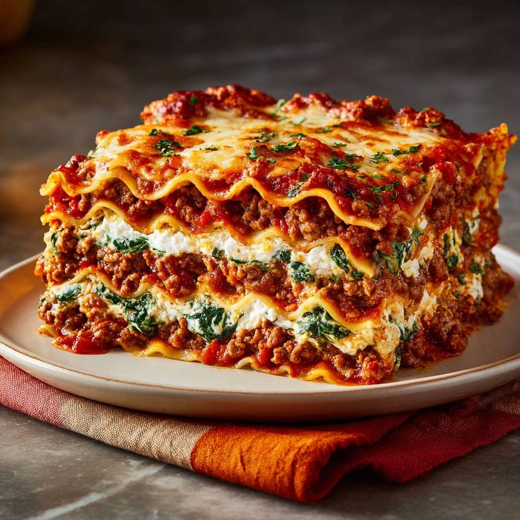 Beef and spinach lasagna showing firm layers and a rich meat sauce in a close-up cross-section view.