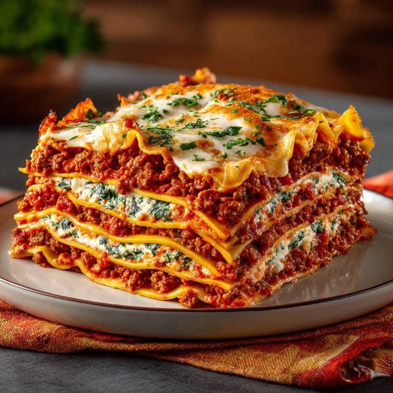 Beef and spinach lasagna showing firm layers and a rich meat sauce in a close-up cross-section view.