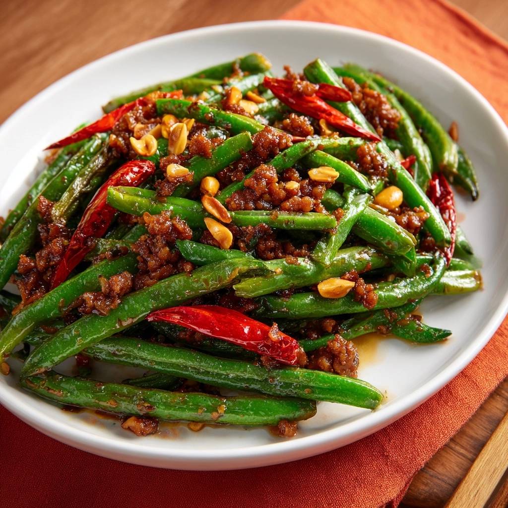 Blistered beef green beans stir-fry with chilies and peanuts, shown in a close-up detail shot.