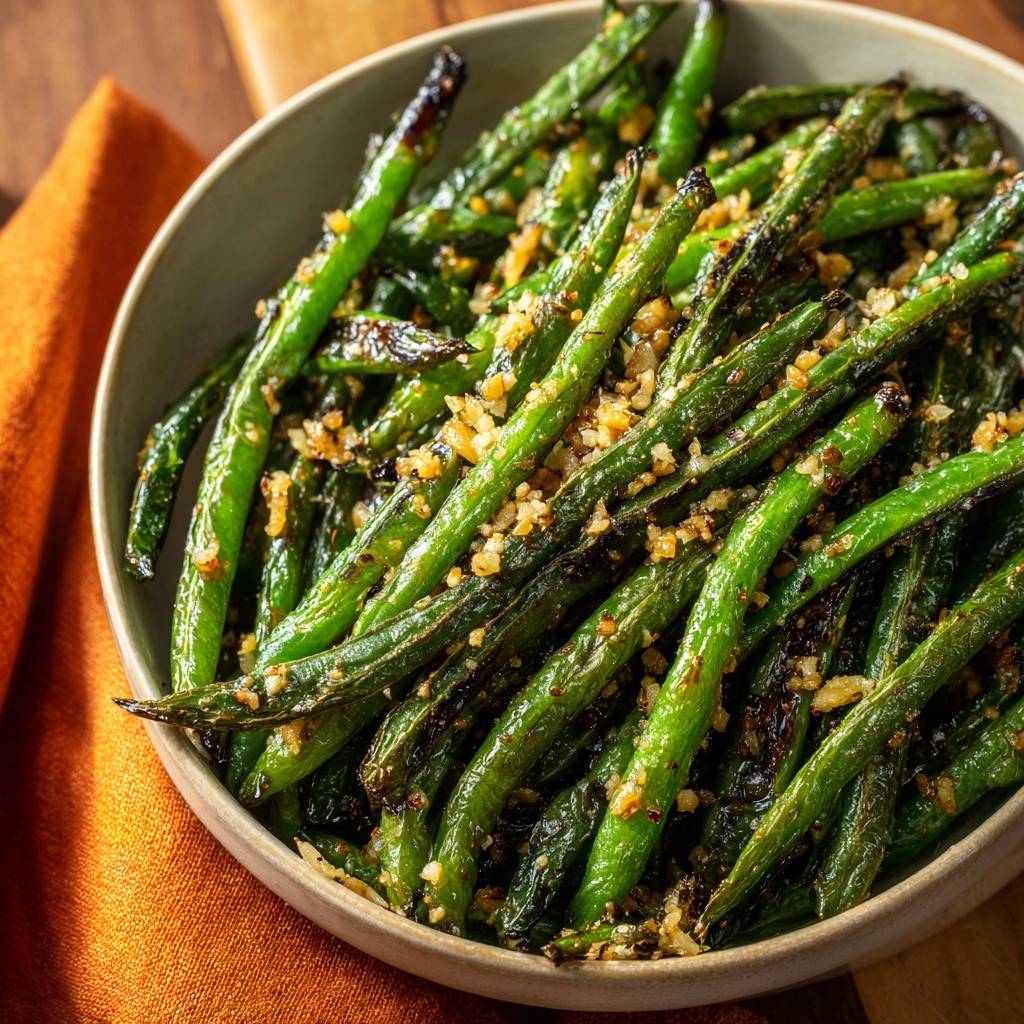 Blistered green beans with crispy garlic are shown in a bowl with a close-up view of the texture and garnish.