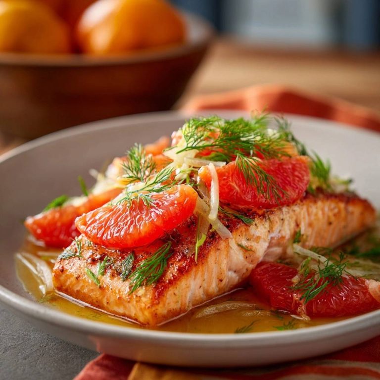 Blood Orange Dill Salmon plated and garnished with fresh dill and citrus slices, showcasing vibrant colors.
