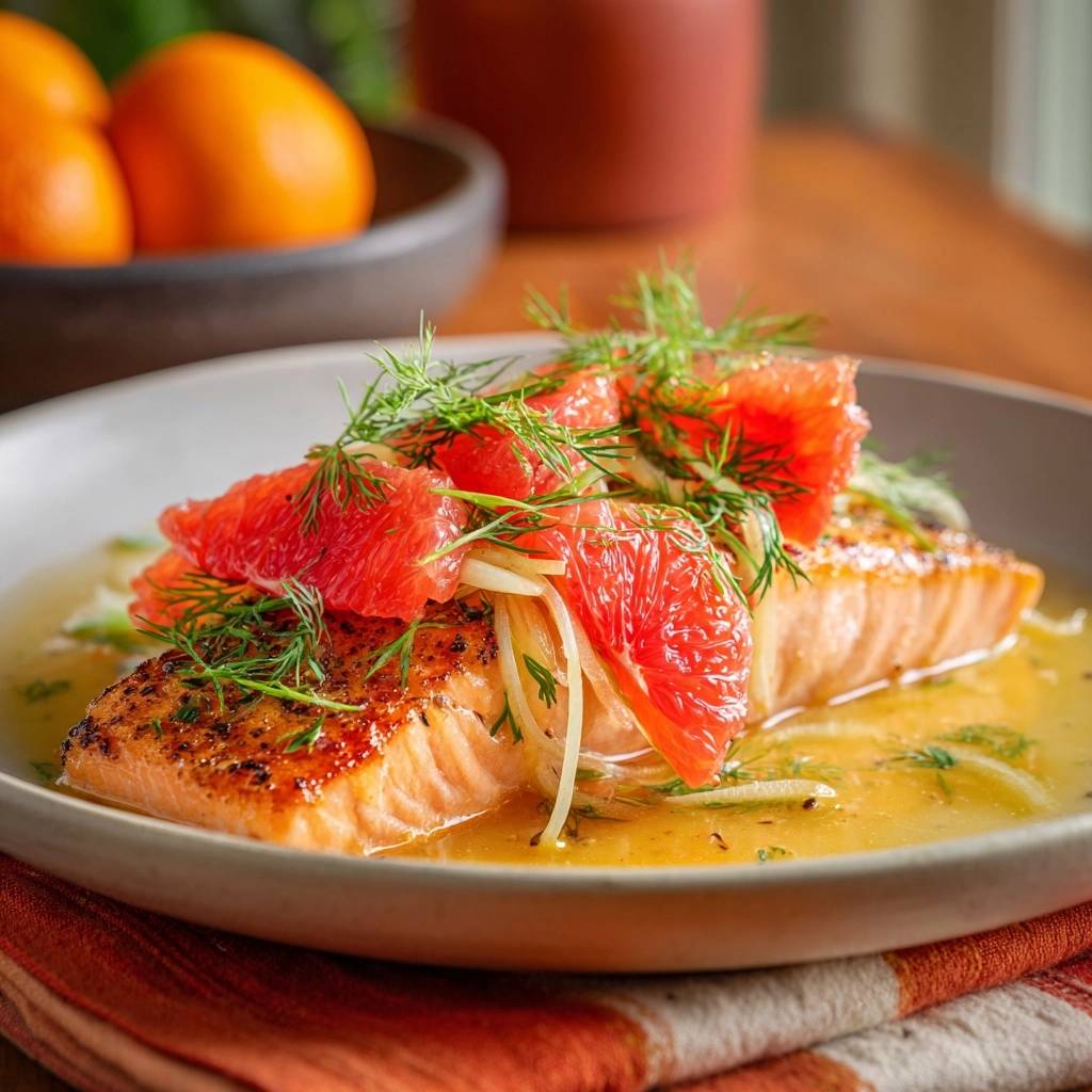 Blood orange dill salmon plated with grapefruit segments and fresh dill, showcasing the moist salmon fillet.