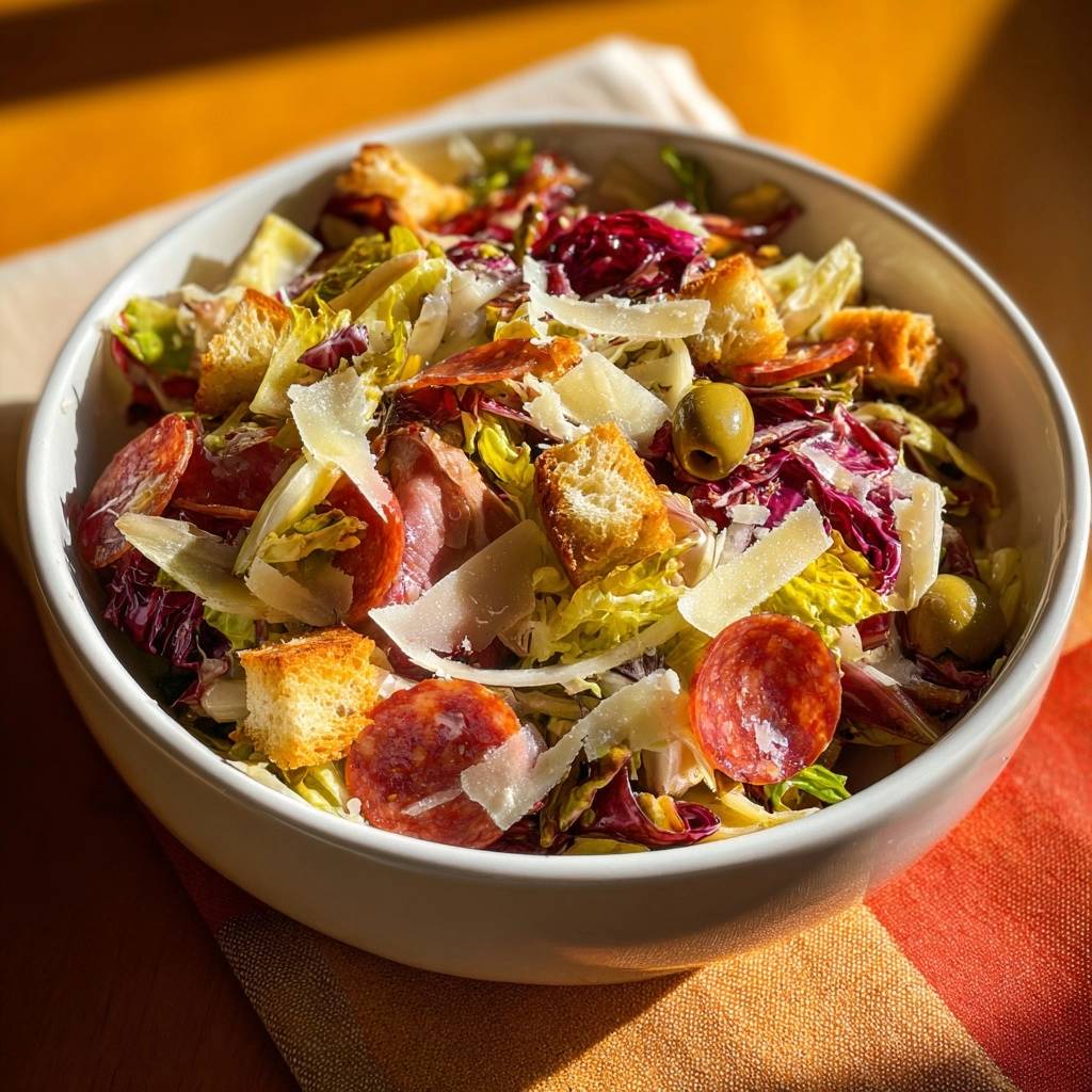 Bold deli salad generously garnished with olives, salami, croutons, and shaved parmesan cheese.