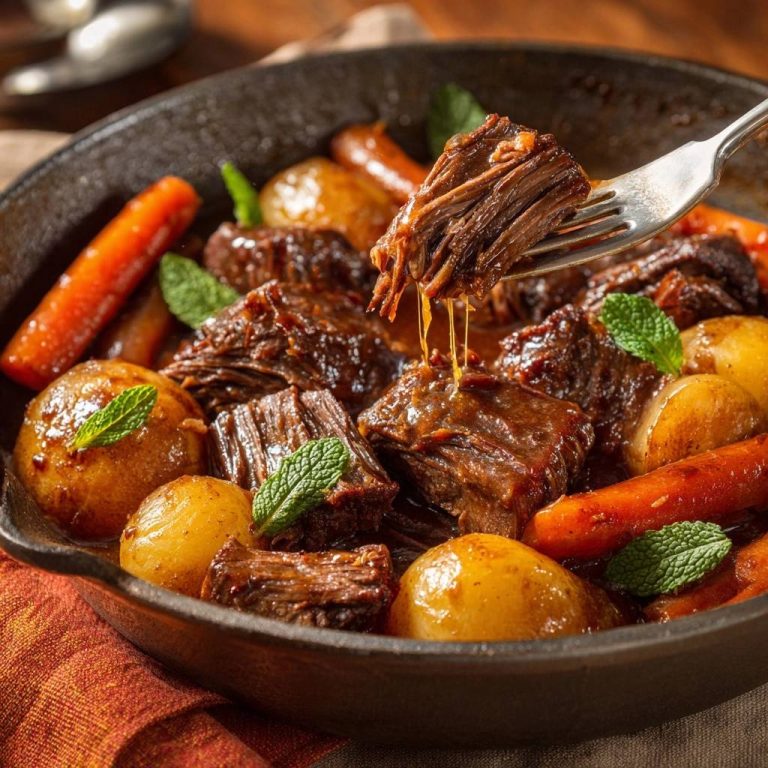 Braised beef with carrots and potatoes being lifted by a fork, showing tender, shredded meat and rich gravy.