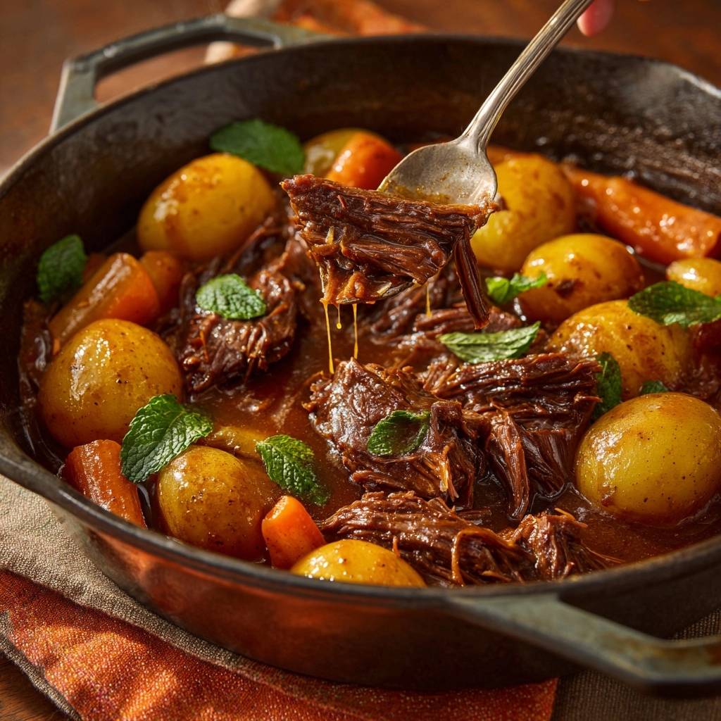 Braised beef with carrots and potatoes, with a spoonful pulling apart tender shreds of beef.