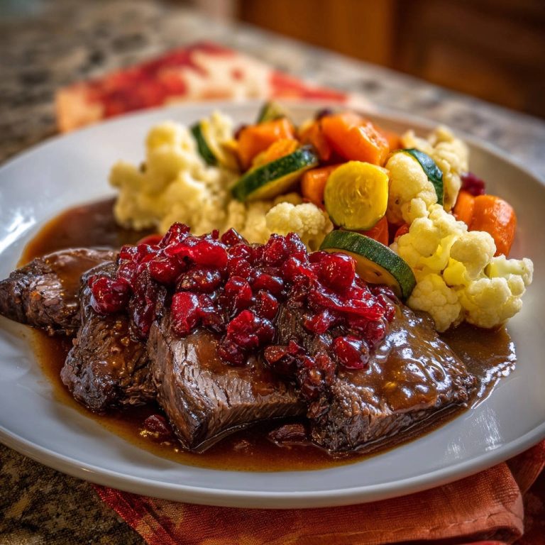 Hearty braised beef with cranberry glaze and roasted vegetables plated on a white dish.