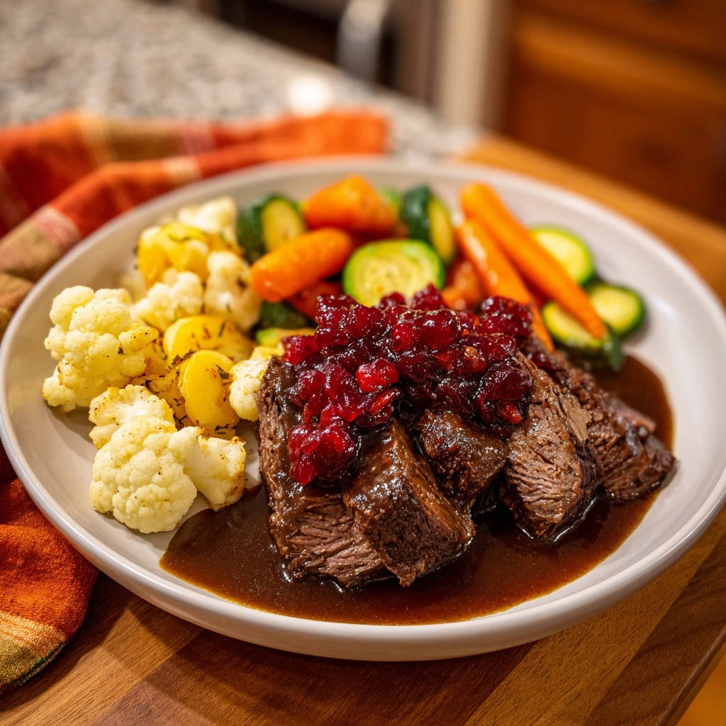 Hearty braised beef with cranberry glaze, sliced and plated with roasted vegetables and gravy.