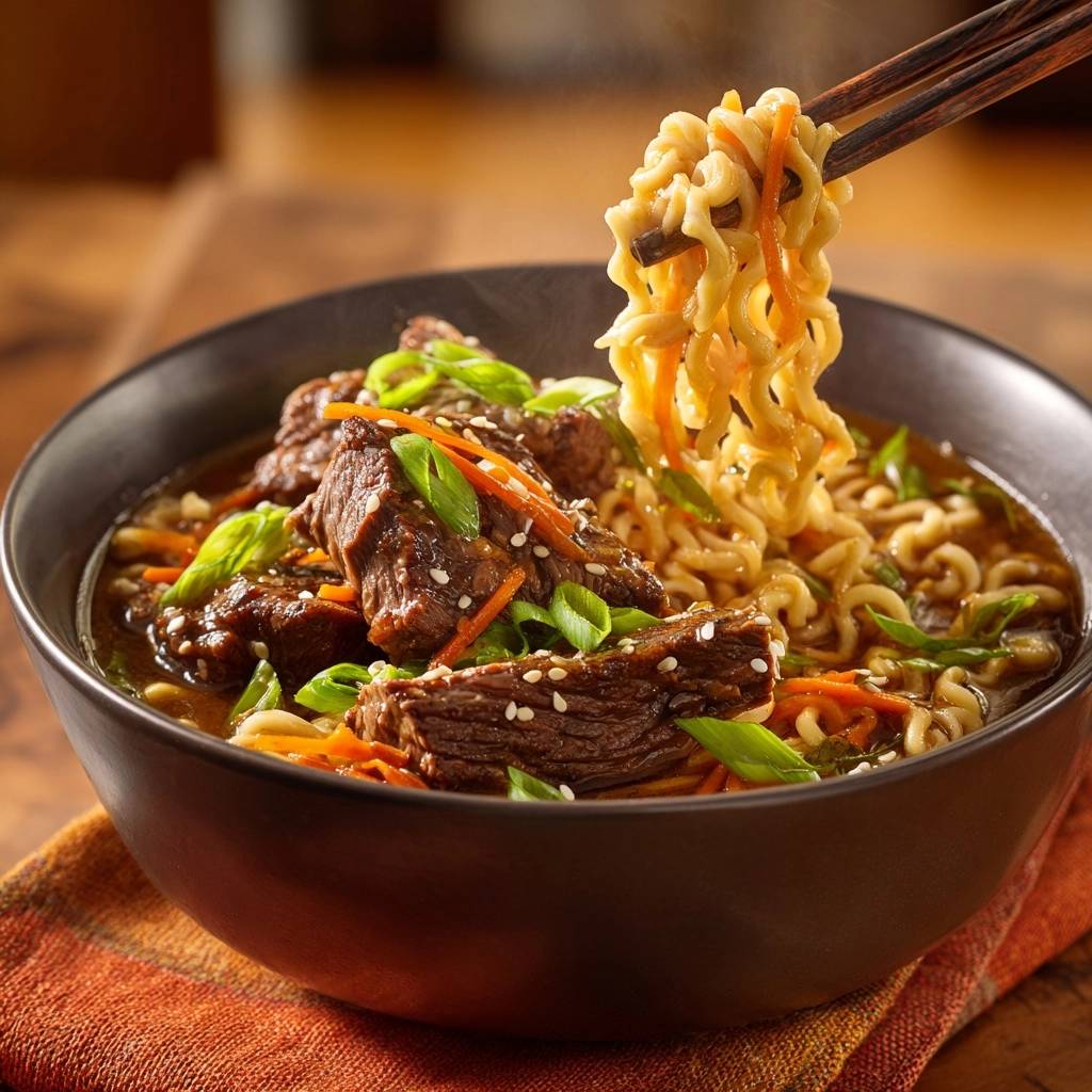 Braised beef ramen with tender beef chunks and noodles being lifted by chopsticks, garnished with scallions and sesame seeds.