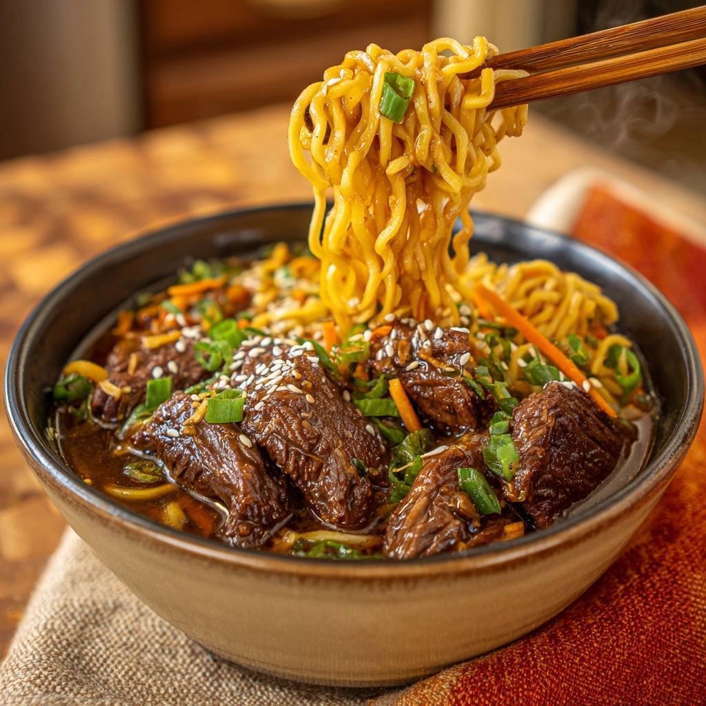Braised beef ramen with tender beef chunks and noodles being lifted by chopsticks from the bowl.