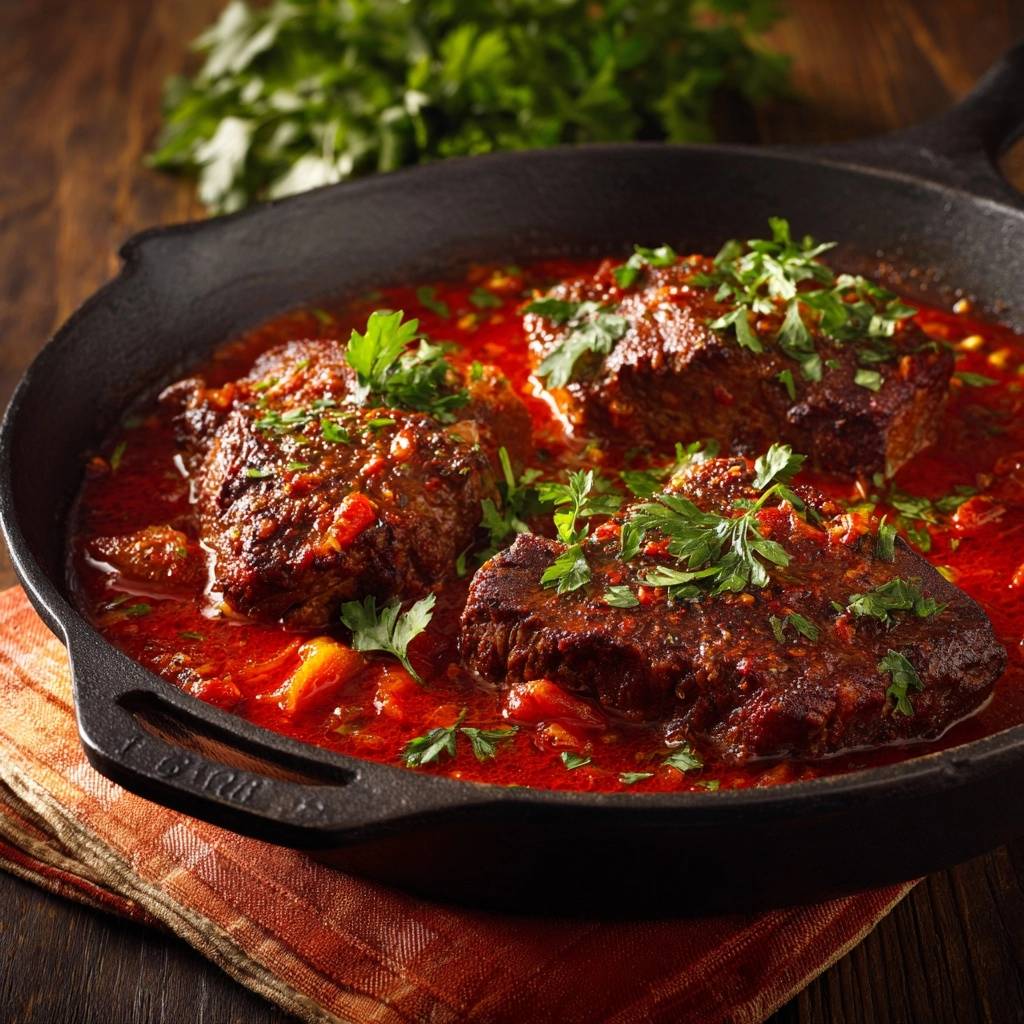 Braised beef in tomato sauce served in a cast iron skillet, topped with fresh parsley garnish.