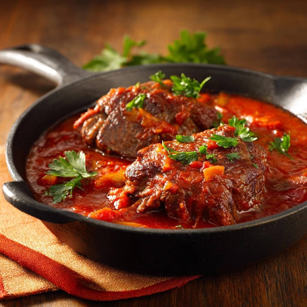 Braised beef in tomato sauce served in a skillet, garnished with fresh parsley and showing tender chunks of meat.
