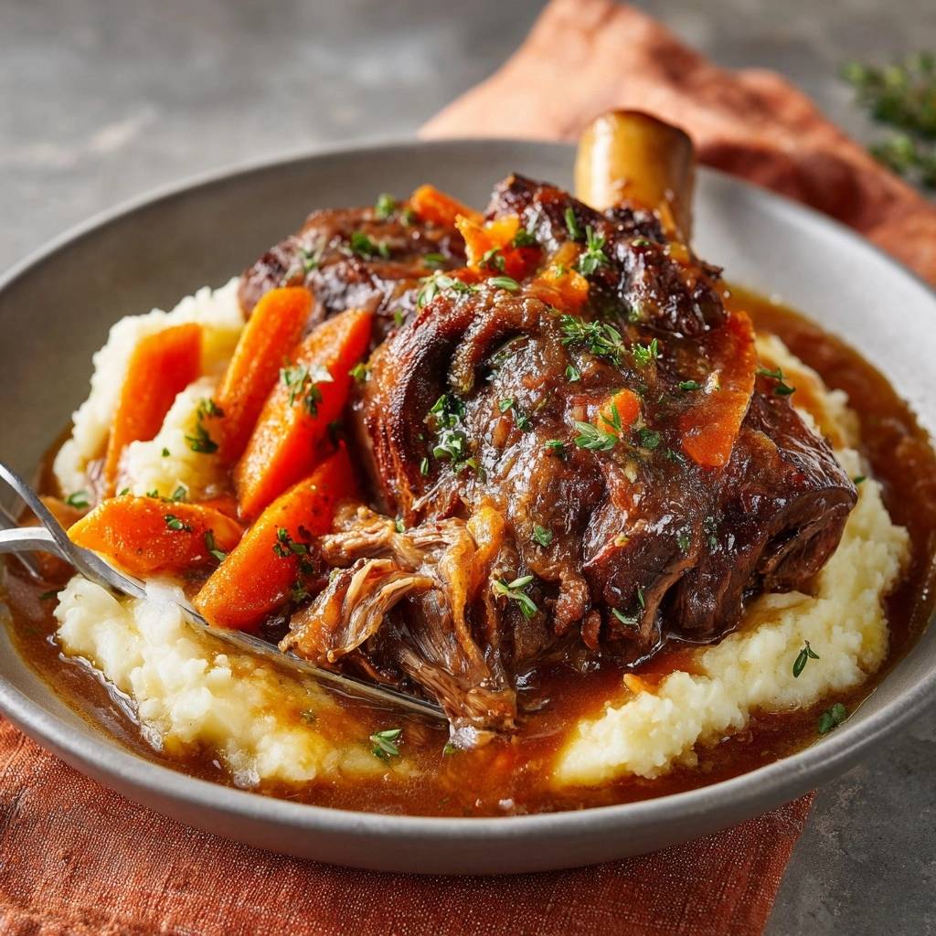 Braised lamb shanks with carrot gravy over mashed potatoes, with a fork digging into the tender meat.