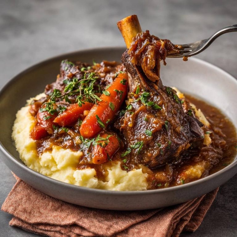 Braised lamb shanks with carrot gravy over mashed potatoes, with a fork lifting a piece of tender meat.