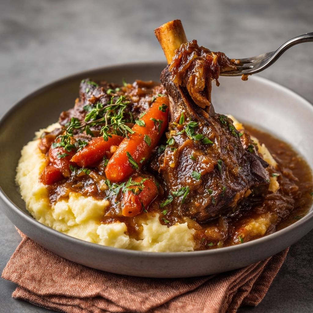 Braised lamb shanks with carrot gravy over mashed potatoes, with a fork lifting a piece of tender meat.