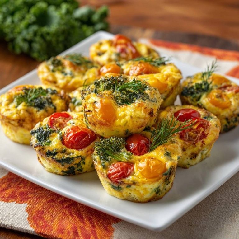 Broccoli spinach tomato frittata muffins arranged on a white plate, a close-up view from above.