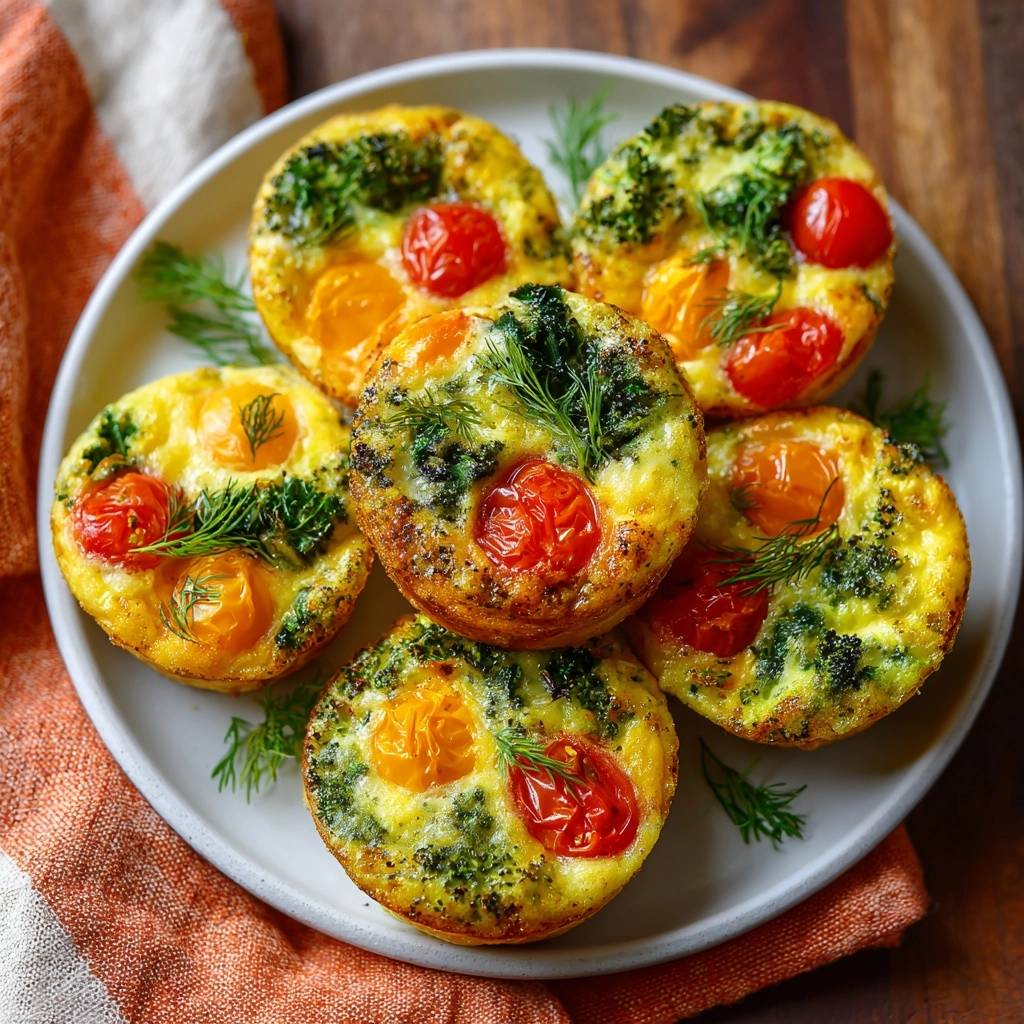 Broccoli spinach tomato frittata muffins arranged on a white plate, viewed from directly overhead.