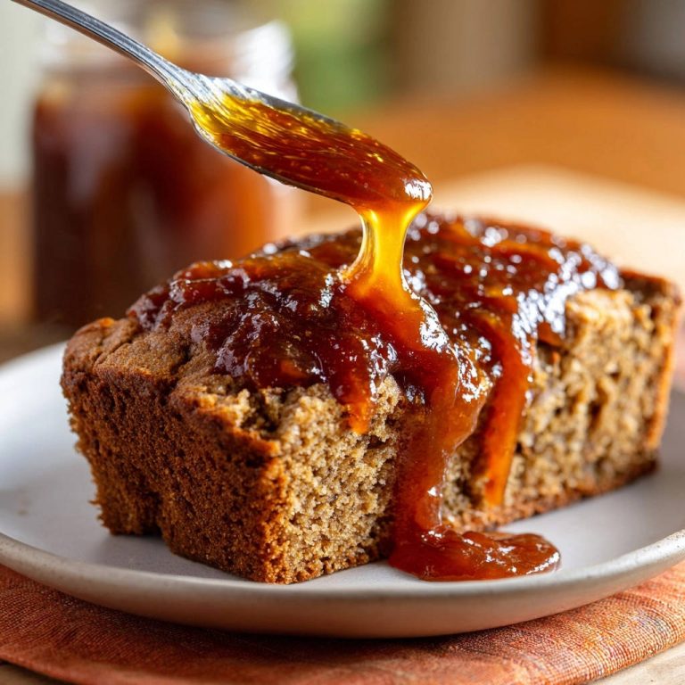 Tender brown sugar spice loaf with a rich glaze being drizzled from a spoon.