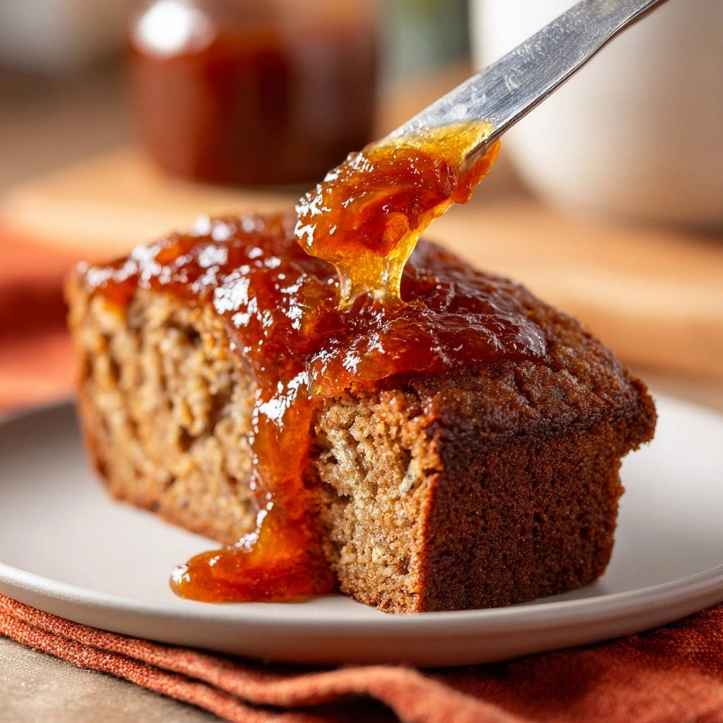 Tender brown sugar spice loaf with a shimmering glaze being drizzled from a knife.