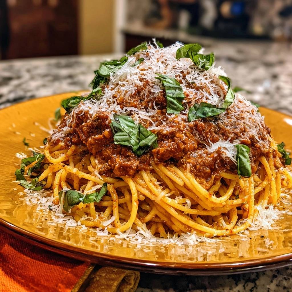 Bucatini Bolognese with thick, clingy sauce generously piled high on a plate and garnished with fresh basil and grated Parmesan cheese.
