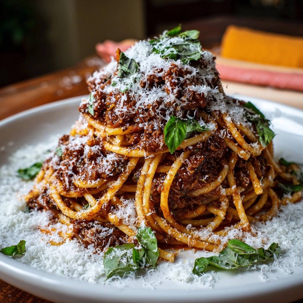 Bucatini Bolognese with thick, clingy sauce plated generously and topped with grated cheese and fresh basil leaves.