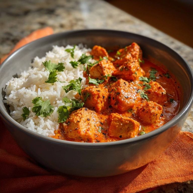 Butter Chicken with Rice served in a grey bowl, a close-up showing tender chicken pieces in rich tomato curry and fluffy white rice.