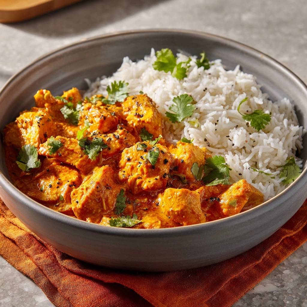 Butter chicken with rice served in a bowl, showcasing the creamy curry and fluffy rice garnished with cilantro.