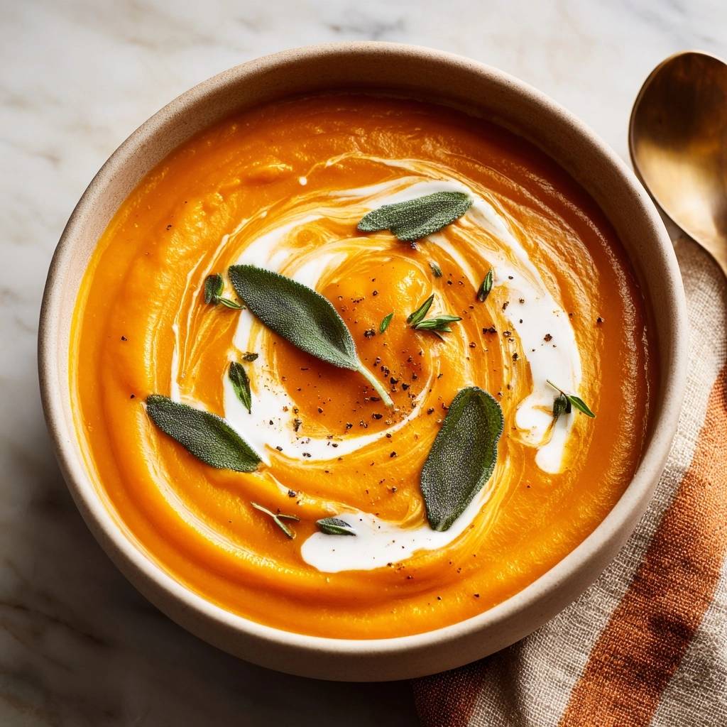 Velvety butternut squash sage soup recipe garnished with fresh sage leaves and a cream swirl.