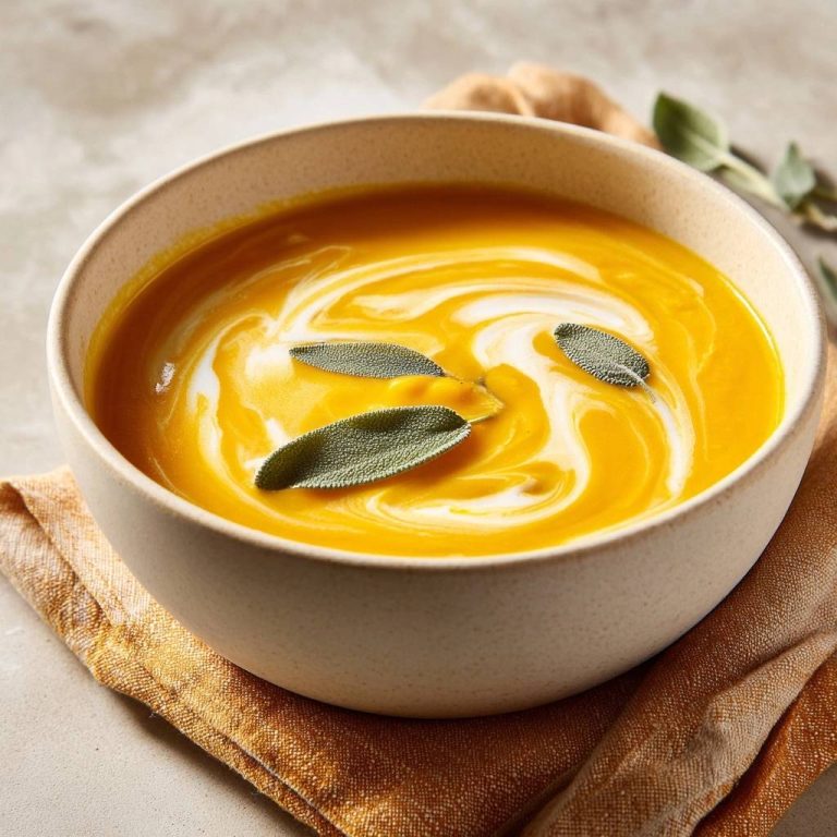 Velvety butternut squash sage soup recipe with a creamy swirl and fresh sage garnish in a bowl.