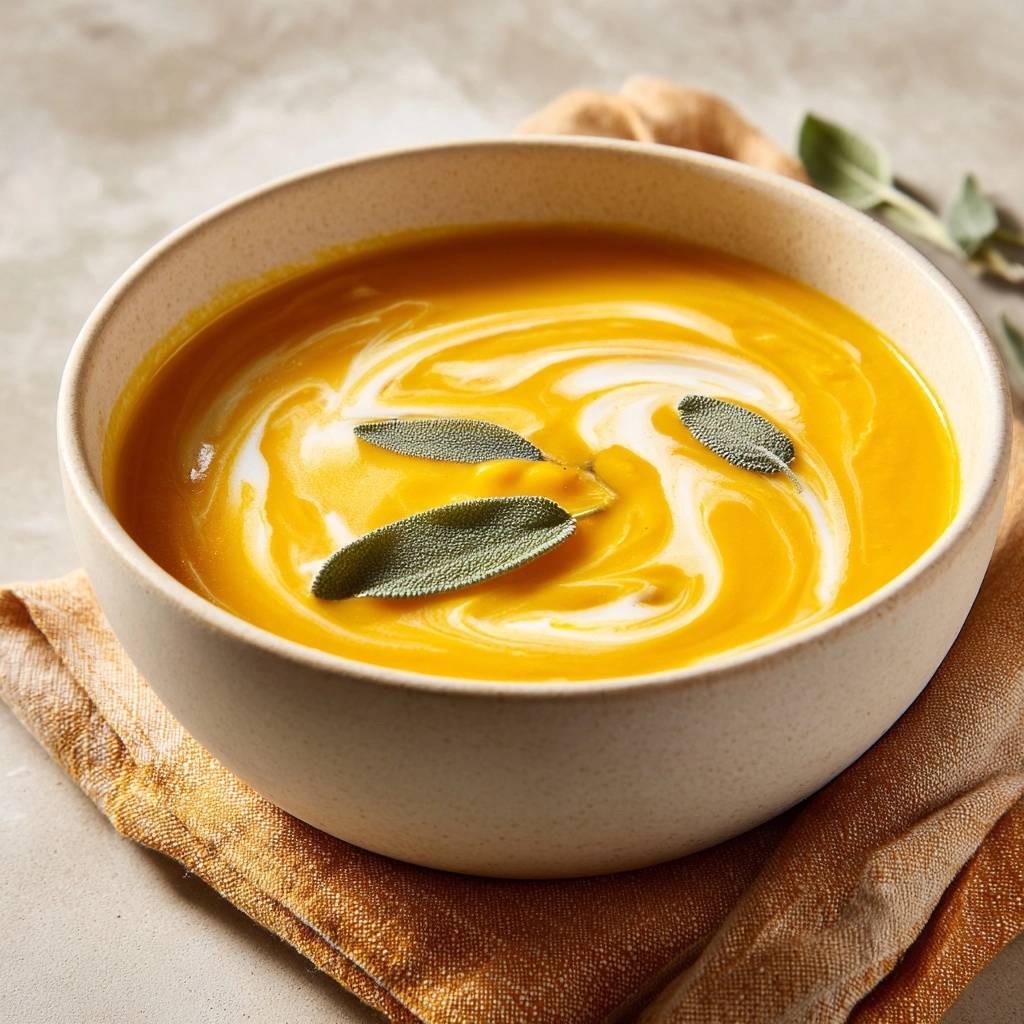 Velvety butternut squash sage soup recipe with a creamy swirl and fresh sage garnish in a bowl.