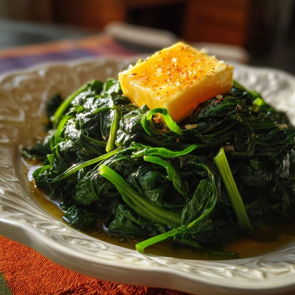 Buttery garlic spinach with a square pat of butter and spices on top, presented on a decorative white plate.