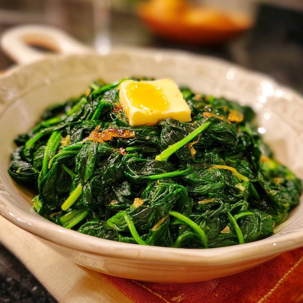 Buttery garlic spinach with a square of melting butter on top, showcasing its vibrant green color.