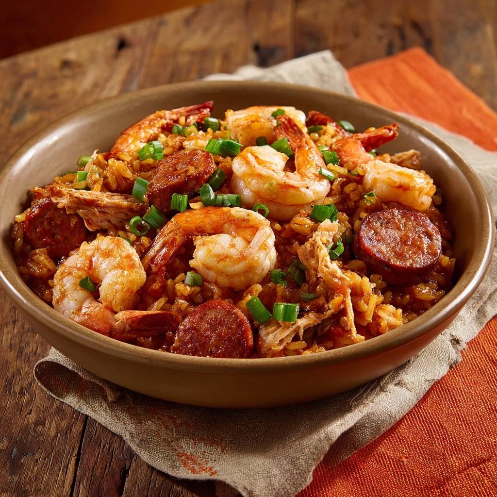Cajun-Style Jambalaya served in a bowl, showcasing shrimp, sausage, and a fresh green onion garnish.