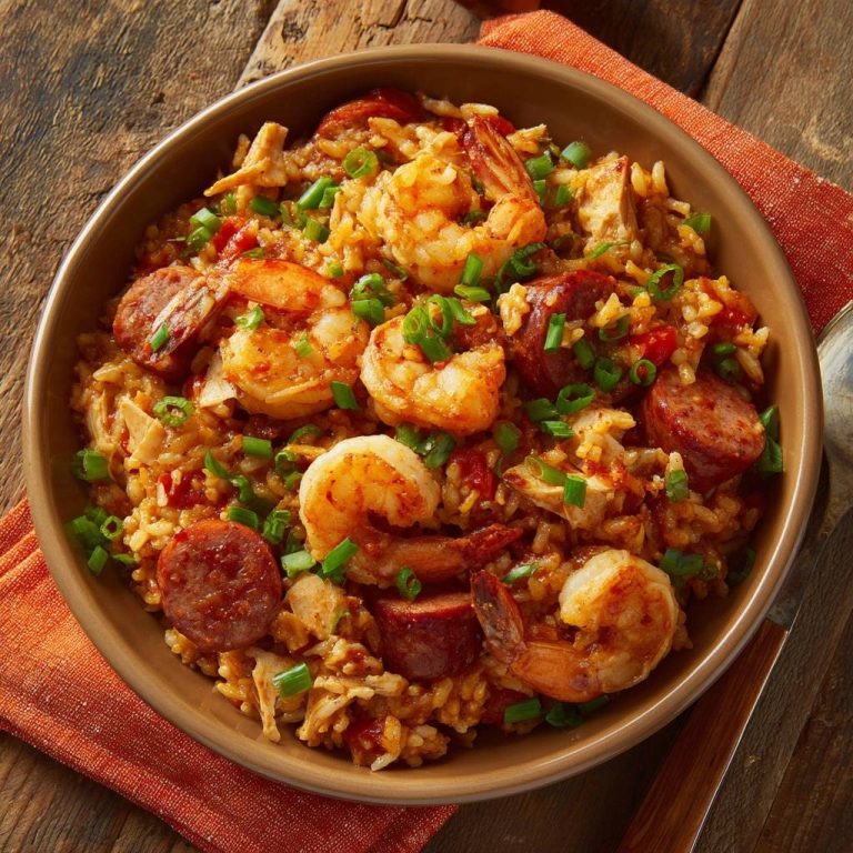 Cajun-style jambalaya in a brown bowl, featuring fluffy rice, shrimp, sausage, chicken, and a green onion garnish.