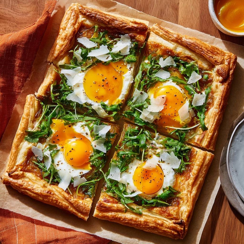 Caramelized onion sunny-side egg tart recipe shown cut into four squares, topped with arugula and shaved parmesan.