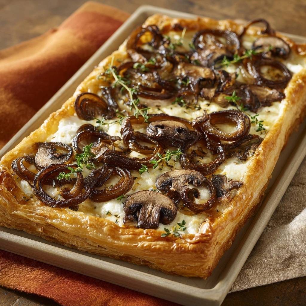 Caramelized onion mushroom tart presented on a rustic serving tray, showcasing its golden puff pastry crust and cheesy filling.